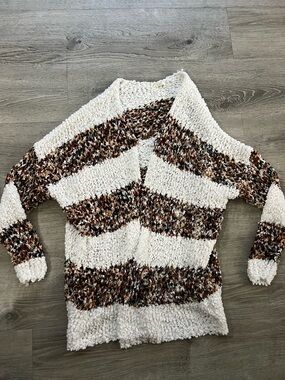 Kori Ivory and Brown Striped Popcorn Knit Cardigan